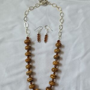 Elegant Brown Beaded And Sterling Necklace and Earring Set